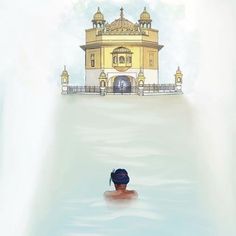 a person swimming in the water with a building behind them and light coming from above