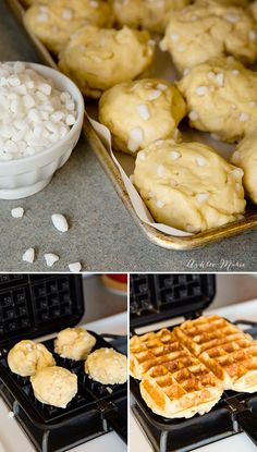 the pans are filled with waffles and white chocolate chip cookies, then topped with marshmallows