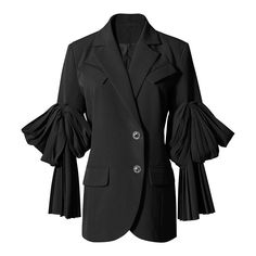 Stretch polyester cady blazer with dappled fabric details. pleats and folding trim finish on the sleeve. Figure fitting and padded shoulders. Asymmetrically placed Jewel buttons. Two flap pockets. Inner lining. Lapel Collar Coat, Pleated Blazer, Statement Sleeves, Korean Casual, Collared Coat, Casual Blazer, Workout Jacket, Black Ruffle, Black Blazers