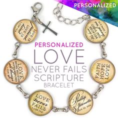 "Our personalized Love & Marriage glass charm bracelet is such a meaningful gift -- for a new bride, wedding anniversary, or just because. Makes a great bridal shower gift! This beautiful glass charm bracelet is personalized with their names and wedding date, and Scripture verses on love and marriage, on six neutral-colored glass charms: Love is patient, Love is kind -1 Corinthians 13:4 Love... bears, believes, hopes, endures all things. -1 Corinthians 13:7 Love never fails -1 Corinthians 13:8 F Christian Charm Bracelet, Scripture Bracelet, Marriage Scripture, Scripture Jewelry, Custom Charm Bracelet, Love Is Patient Love Is Kind, Christian Bracelets, Prayer Bracelet, Love Marriage