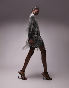 Dresses by Topshop Welcome to the next phase of Topshop Round neck Long sleeves Regular fit Joni Jeans, Fringe Mini Dress, Metallic Dress, Beaded Fringe, Silver Dress, Hoodie Dress, Lightweight Hoodie, Dress Details, Silver Fashion