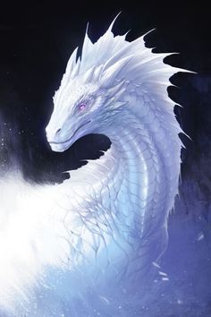 a white dragon with blue eyes is in the water