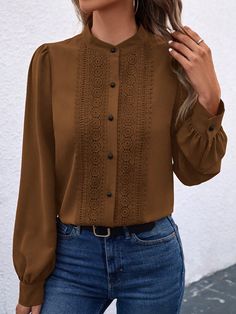 Solid Color Front Button Long Sleeve Casual Blouse Women Shirt Brown Casual  Long Sleeve Woven Fabric Plain Shirt Slight Stretch  Women Clothing, size features are:Bust: ,Length: ,Sleeve Length: Casual Blouse Women, Brown Blouse, Button Long Sleeve, Plain Shirt, Belted Coat, Plain Shirts, Outdoor Wear, Kids Sleepwear, Casual Blouse