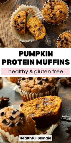 pumpkin protein muffins with chocolate chips on top and the words healthy & gluten free