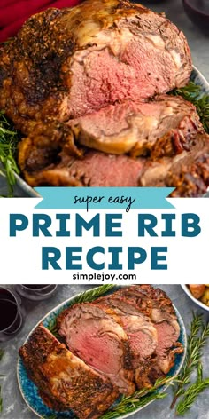 prime rib roast on a platter with rosemary garnish