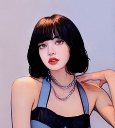 a painting of a woman with black hair wearing a blue bra and choker necklace