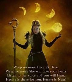 a woman in black dress holding a staff with moon phases above her head and the caption, we are more hecates here