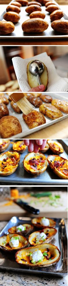 there are many different types of pastries on the trays in this photo collage