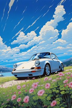 a painting of a white car parked on the side of a road next to flowers