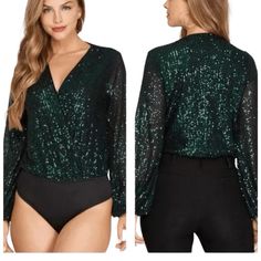 Add A Touch Of Glam To Your Wardrobe With This Stunning Rachel Zoe Bodysuit. Featuring A Beautiful This One-Piece Wrap Top Is Perfect For Any Occasion. The Long Sleeves And Sequin Accents Add A Touch Of Elegance, While The Comfortable Regular Fit Chic Green Bodysuit For Night Out, Green Bodysuit For Night Out In Fall, Fall Green Bodysuit For Night Out, Chic Green Bodysuit For Party, Green Fall Bodysuit For Night Out, Elegant Long Sleeve Green Bodysuit, Elegant Green Long Sleeve Bodysuit, Green Stretch V-neck Bodysuit, Long Sleeve Wrap Top