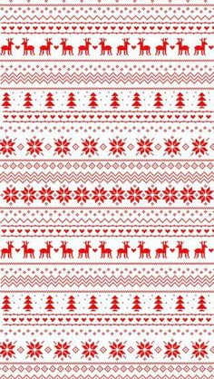 a red and white knitted pattern with reindeers, snowflakes and trees