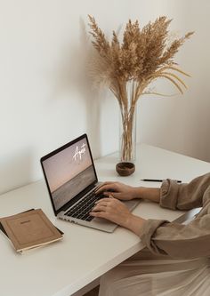 a person sitting at a desk with a laptop and notebook on their lap, in front of a plant