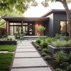 a modern home with landscaping and trees in the front yard, along with a walkway leading to the entrance