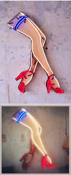 two pictures of a woman's legs and shoes with neon lights on them, one in the shape of a shoe