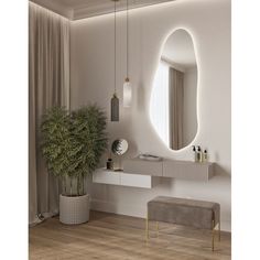 a bathroom with a plant and mirror on the wall