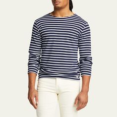 Armor Lux striped jersey T-shirt Crew neckline Long sleeves Pullover style Cotton Imported Horizontal Stripe Crew Neck Top With Relaxed Fit, Horizontal Stripe Pattern Crew Neck Tops With Relaxed Fit, Relaxed Fit Crew Neck Top With Horizontal Stripes, Long Sleeve Cotton T-shirt With Horizontal Stripes, Jersey Tshirt, Striped Jersey, Mens Stripes, Latest T Shirt, Bergdorf Goodman