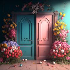 an image of two doors with flowers and eggs on the floor in front of them