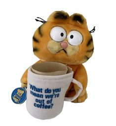 a stuffed animal holding a coffee cup with the caption what do you mean we're out of coffee?