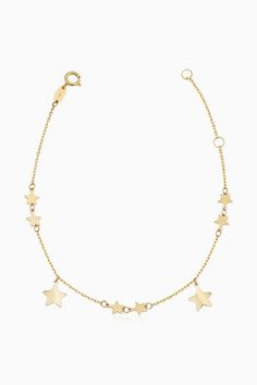 Our Street Star Bracelet adds a touch of style and luxury to any look. Its unique design features eight stations crafted from solid gold,  each with dimension that will keep you shining all day long. Metal: 14 Karat Yellow Gold Weight: 1.3 Grams Solid Gold Dimensions: 7.5 Inches, Adjustable to 6.5 Inches Construction: 8 Star Stations, Spring Ring Clasp Origin: Crafted in Istanbul, Turkey Yellow Gold Star Charm Bracelet, 14k Yellow Gold Bracelet With Star Charm, Elegant Yellow Gold Star Bracelet, 14k Gold Bracelets With Star Charm, 14k Gold Star Charm Bracelet, Luxury Gold Star Bracelets, Luxury Gold Star Bracelet, 14k Gold Bracelet With Star Charm, Luxury 14k Gold Jewelry With Star Charm