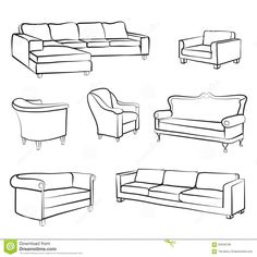 a line drawing of different types of couches and chairs, all in various positions