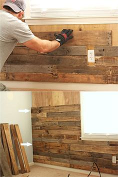 a man is working on wood planks in his house, and the walls are made out of pallets