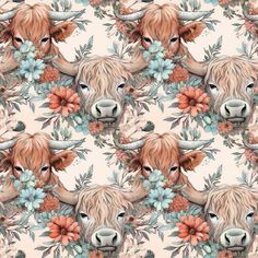 a cow with horns and flowers on a pink background seamless wallpaper pattern that is suitable for both print and digital use