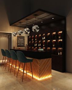 a bar with several chairs and lights on it