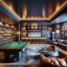 Discover a cozy man cave tucked in the basement with midnight blue and earthy brown walls. It features a bar area, a green-topped pool table, a huge TV setup for game days, and a classic jukebox. Unique sports collectibles and warm lighting round out this perfect hangout spot. 
#Mancave #BasementDesign #HomeBar #PoolTable #GameDaySetup #ClassicJukebox Basement Sports Bar Ideas Man Cave, Sports Basement Ideas, Man Cave With Pool Table And Bar, Sports Bar Themed Basement, Basement Sports Bar, Tv Sports Bar, Sports Room Man Cave, Aesthetic Game Room Pool Table