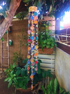 a colorful wind chime hanging from a tree in a yard next to some plants