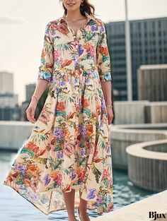 Bjux - Womens Plus Size Vacation Dress: Floral Print Flowy Shirt Dress with Three Quarter Sleeves, Button-Up Lapel Collar Flowy Shirt, Vacation Dresses, Three Quarter Sleeves, Button Up, Collar Styles, Shirt Dress, Floral Prints, Collar, Plus Size