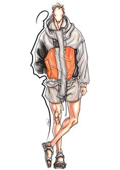 a drawing of a woman in shorts and jacket with an orange backpack on her back