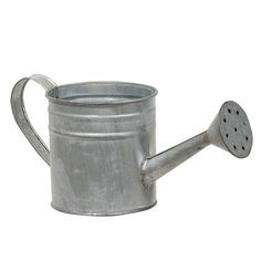 a metal watering can with a handle on the side and a spigot in the middle