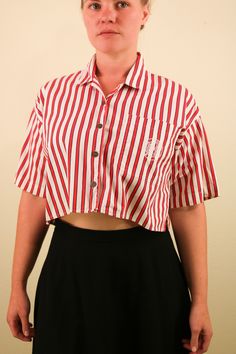 "Item Description: 1980's Red White and Blue Cropped Preppy Collared Shirt Crop Top Brand: Ki Komo Origin: Bangaldesh Era: 1980s Condition: Normal Vintage Wear, No Visible Flaws Listed Size: Medium Measurement (Laid Flat) Size:Medium Shoulders: 19\" Bust:23\" Waist:23\" Hips:\" Sleeve Length:9\" Length:19\"" White Crop Shirt, Floral Denim Pants, Peach Cardigan, Shirt Crop Top, Floral Denim, Cardigan Top, Spice Girls, Collared Shirt, Cropped Cardigan