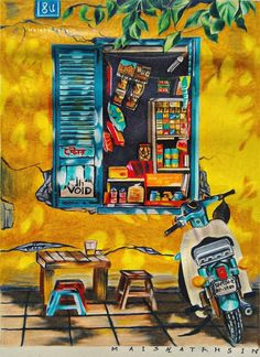 a painting of a motor scooter parked in front of a store with an open window