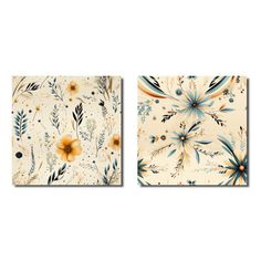 two paintings with flowers on them, one in blue and the other in orange colors