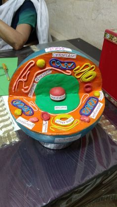 an orange and blue bowl sitting on top of a table next to a woman in a white shirt