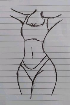 a drawing of a woman's torso in pencil on lined notebook paper with lines