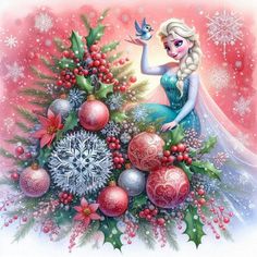 a painting of a frozen princess surrounded by christmas decorations