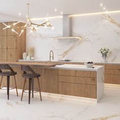 a kitchen with marble counter tops and wooden stools next to an island in the middle