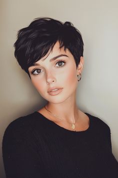 A pixie black haircut is a bold and stylish choice that perfectly blends modern edge with timeless elegance. Filipino Pixie Haircut, Jet Black Pixie Haircut, Black Hair Pixie Haircut, Very Short Brown Hair, Pixie Bob With Bangs, Thick Short Hair Cuts, Dark Pixie Cut, 90s Pixie Cut, Black Haircuts