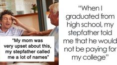 two men sitting at a table with a sign that says when i graduated from high school, my stepfaither told me that he would not be paying for me a lot of names