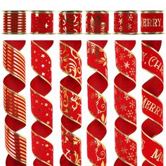 red and gold christmas paper decorations are arranged in the shape of ribbons with snowflakes on them