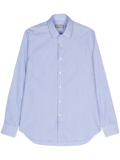 blue/white cotton poplin texture vertical stripe pattern classic collar long sleeves buttoned-cuff sleeves curved hem front button fastening Blue Striped Shirt, Striped Long Sleeve Shirt, Balenciaga Triple S, Summer Beach Wear, Light Jacket, Cuff Sleeves, Jacket Style, Cotton Poplin, Striped Shirt