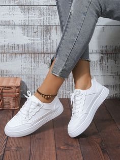 Plus Size Women White Casual Sneakers, School Shoes, Flat Fashion Lace-Up Casual Comfortable Breathable Sneakers White Preppy,Sporty    Colorblock,Plain    Women Shoes, size features are:Bust: ,Length: ,Sleeve Length: Women White Sneakers, Teen Shoes, Sports Shoes Women, Women Sports Shoes, White Casual Sneakers, Casual Athletic Shoes, Spring Sneakers, Shoes Teen, Sport Shoes Women