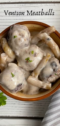 Creamy Venison Meatballs in a bowl with yellow beans. Meateater Recipes, Venison Tenderloin Recipes Skillet, Venison Meatballs Recipes, Venison Meatballs Easy, Smoked Venison Meatballs, Venison Meatball, Venison Tips And Noodles, Venison Mince Recipes