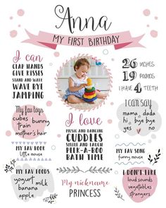 a baby's first birthday poster with the words and pictures