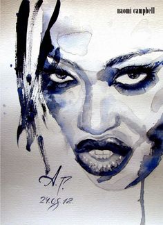 a watercolor painting of a woman's face with black and white paint on it