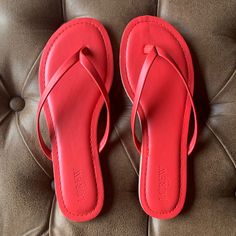 Never Worn. Red Trendy Sandals With Cushioned Footbed, Trendy Red Sandals With Cushioned Footbed, Casual Red Toe Post Flip Flops, Red Toe Post Flip Flops For Spring, Trendy Red Toe Post Sandals, Red Flip Flops For Spring Vacation, Red Cushioned Open Toe Flip Flops, Red Open Toe Flip Flops For Spring, Red Trendy Open Toe Flip Flops