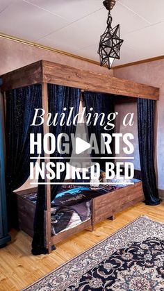 a bed with blue curtains and a rug on the floor in front of it that says, building a hog arts inspired bed