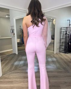 one shoulder satin pink jumpsuit with long tulle sleeves Satin Jumpsuit, Blue Pool, Tulle Sleeves, Pink Jumpsuit, Pink Pearl, Pink Candy, Dress Size Chart, Blue Ink, Blush Pink